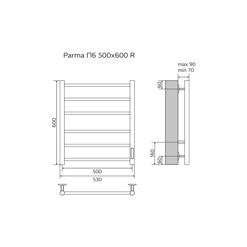 Полотенцесушитель электрический 50х60 Azario Parma П6 AZ10856B, диммер справа, Черный матовый фото 4