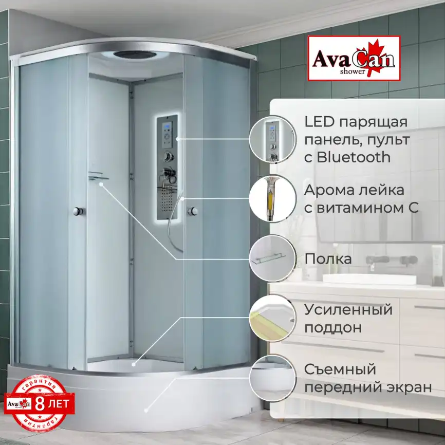 Душевая кабина AvaCan D3010LED 100x100 см, средний поддон, с крышей фото 2