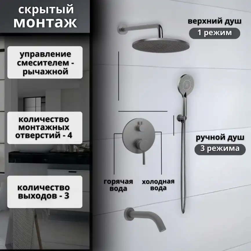 Встраиваемая душевая система AVS SLIMMER 811-141-GM с изливом, оружейная сталь фото 11