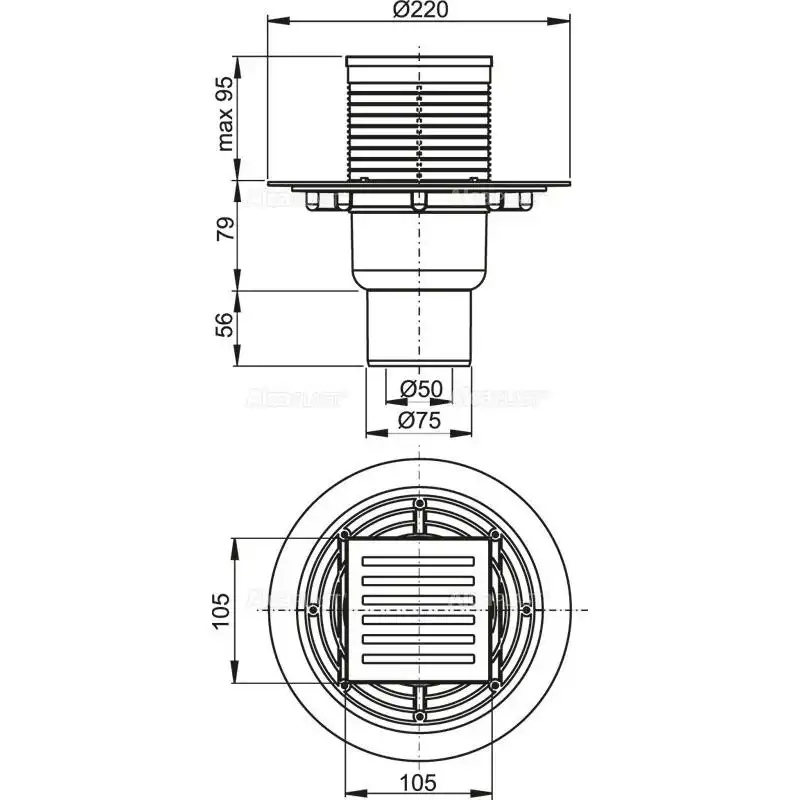 Душевой трап AlcaPlast 105х105/50/75, подводка – прямая, решетка латунь-хром, гидрозатвор – мокрый APV203 фото 2