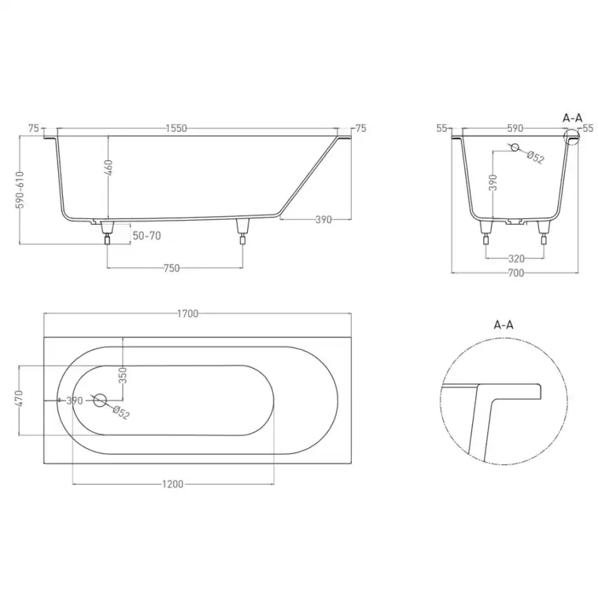 Ванна Salini ORNELLA 170х70 102323M из материала S-Stone, Белая матовая фото 7