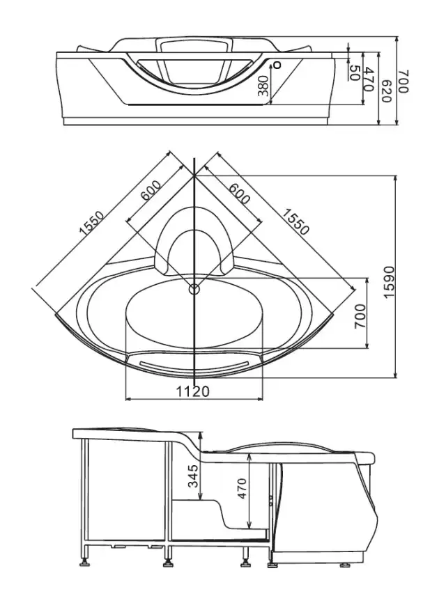Акриловая ванна Gemy G9025 II O 155х155 с гидромассажем, угловая фото 4