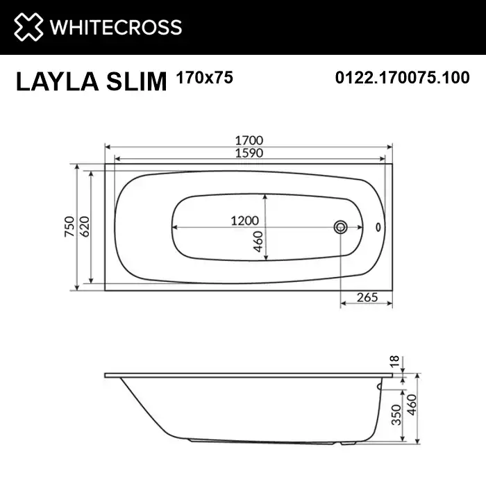 Акриловая ванна Whitecross Layla Slim 170х75 0122.170075.100 с тонким бортом, встраиваемая, Белая фото 5