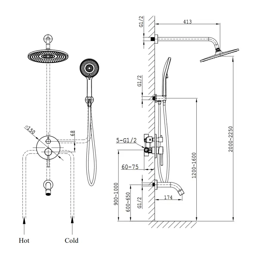 Встраиваемая душевая система AVS SLIMMER 811-141-MB с изливом, черный матовый фото 14