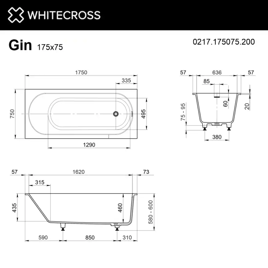 Ванна из искусственного камня WHITECROSS 175x75 Gin, белая матовая 0217.175075.200 фото 5