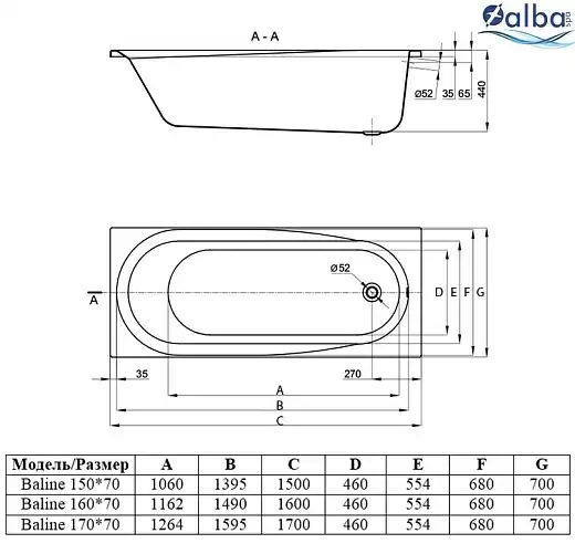 Акриловая ванна Alba Spa BALINE 160х70 см, ВПР0020000100, Белая фото 2