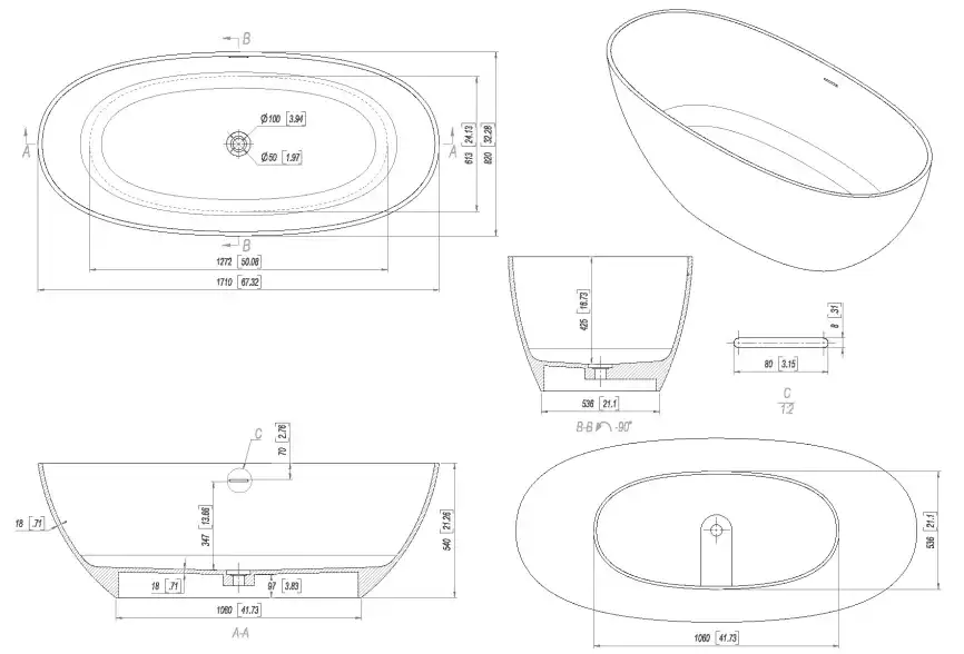 Ванна из искусственного камня Allen Brau 170x80 Solid Stone Krion Oval 2.35003.21, белая матовая фото 2