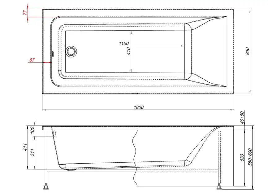 Акриловая ванна Aquanet Aura 180x80 (с каркасом), 362718 фото 2