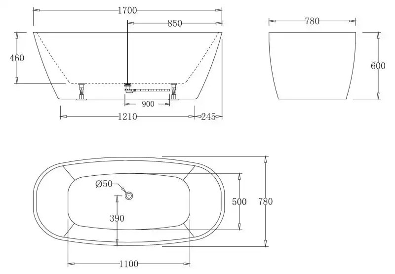 Акриловая ванна BELBAGNO 170х80 BB72-1700-W0, овальная, отдельностоящая, без перелива, Белая фото 2
