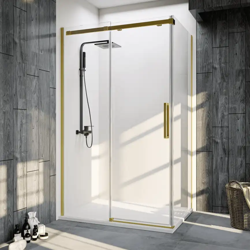 Душевой уголок Veconi Rovigo RV-070G 120х100х195, профиль брашированное золото, стекло прозрачное (RV070G-120100-01-C4) фото 1