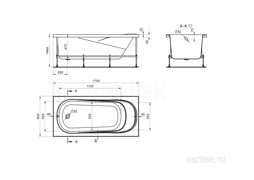Акриловая ванна Santek Casablanca 170х80 1WH302441 прямоугольная, Белая фото 8
