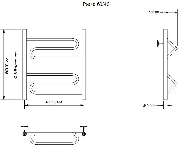 Полотенцесушитель водяной Aquanet Paolo 600x400, хром фото 2