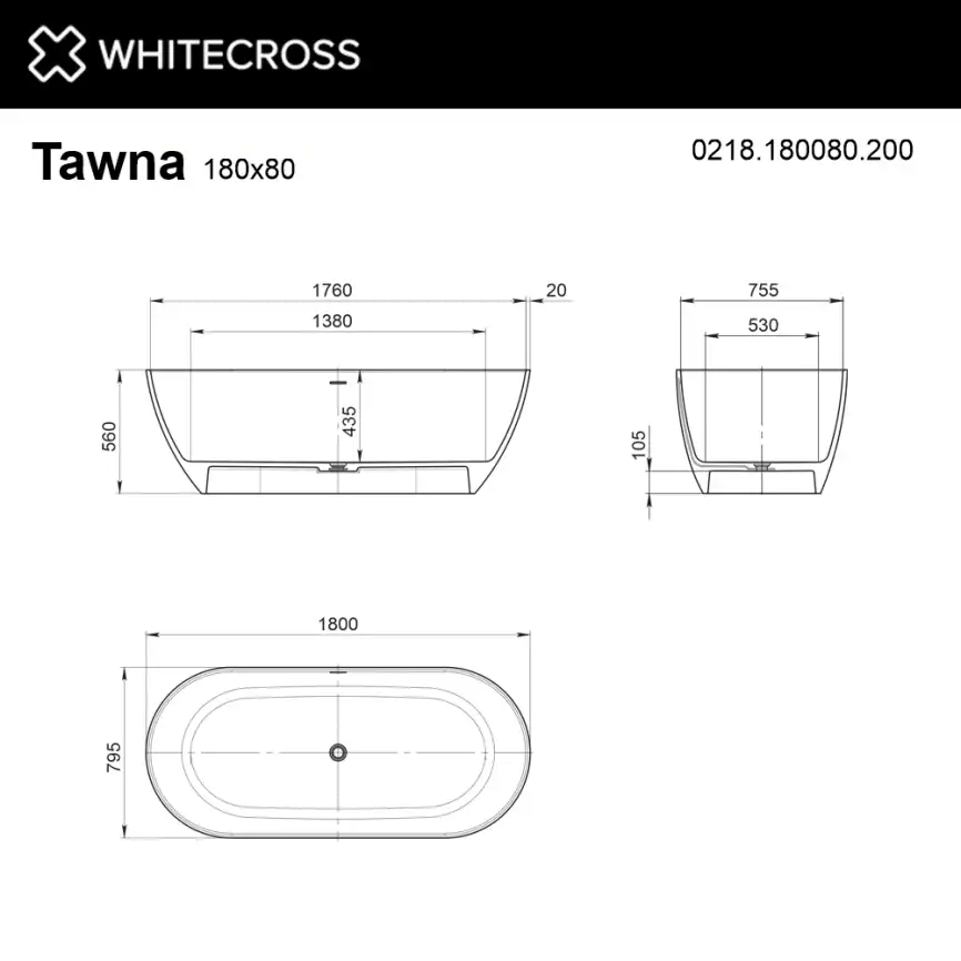 Ванна из искусственного камня WHITECROSS 180x80 Tawna, белая матовая 0218.180080.200 фото 6