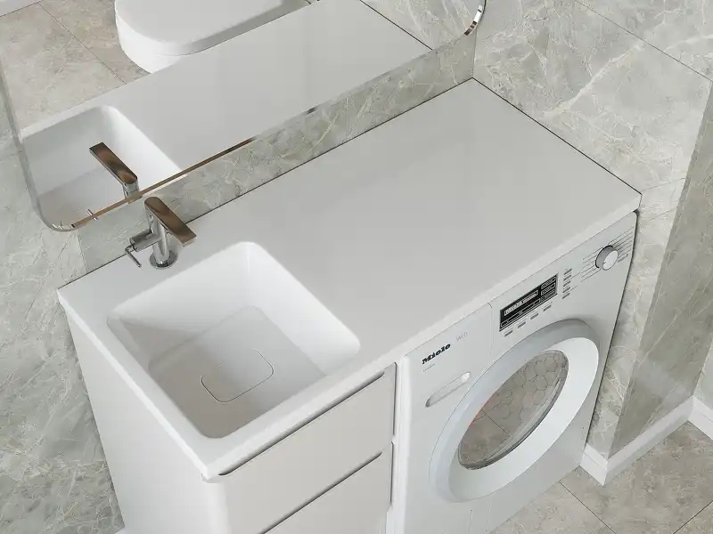 Раковина  Madera Kamilla 110х48 L 4627173210041 левая над стиральной машиной, из литьевого мрамора, Белая фото 4