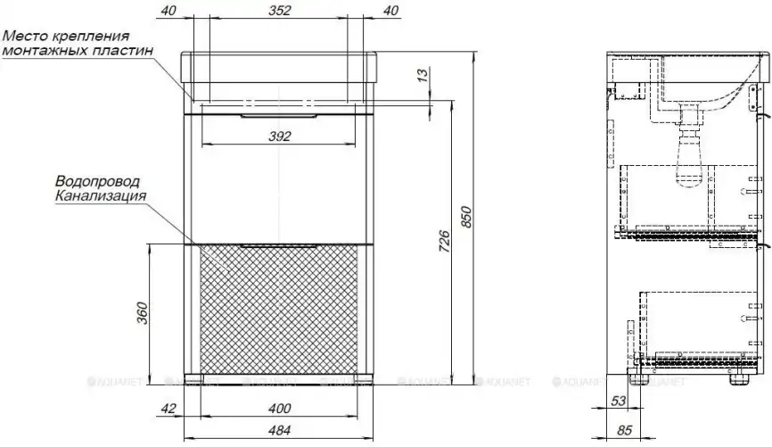 Тумба под раковину Aquanet Ирис new 50 белый глянец (2 ящика) 310151 фото 8