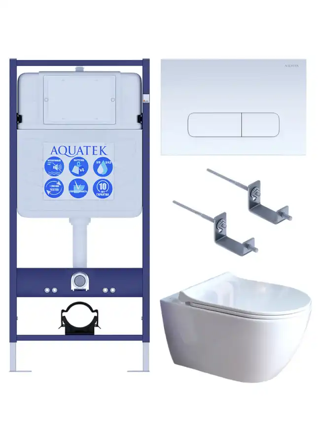 Унитаз с инсталляцией SET AQUATEK ПОЛАРИС-01-013 4в1 с тонким сиденьем микролифт и белой клавишей смыва фото 1