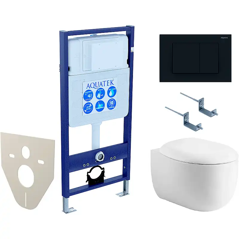 Комплект унитаза с инсталляцией Aquatek Set Aquatek Альтаир cm-012 4в1 с сиденьем Микролифт и Черной матовой клавишей смыва фото 1