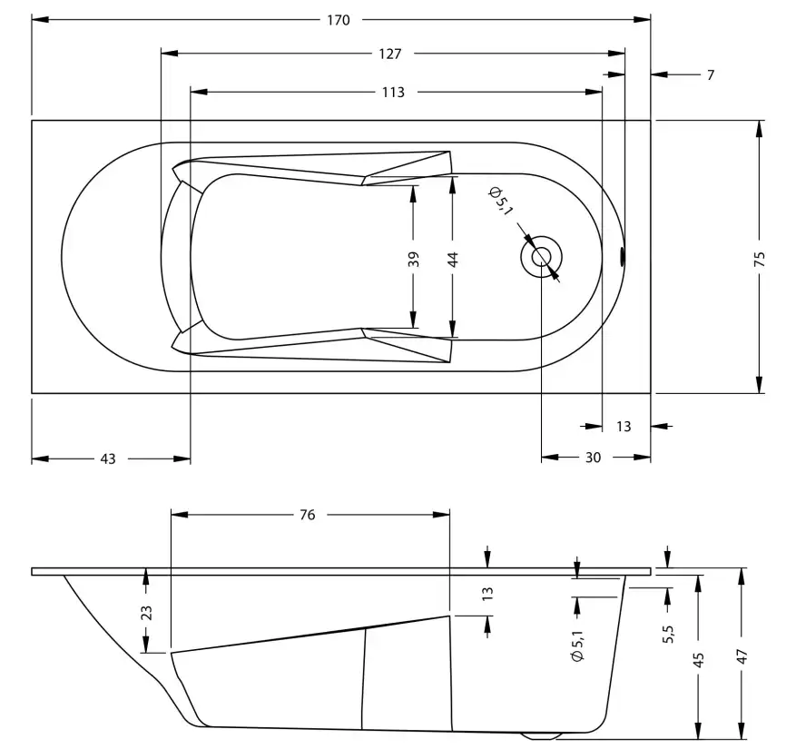 Акриловая ванна RIHO LAZY 170x75 прямоугольная B078001005 фото 6