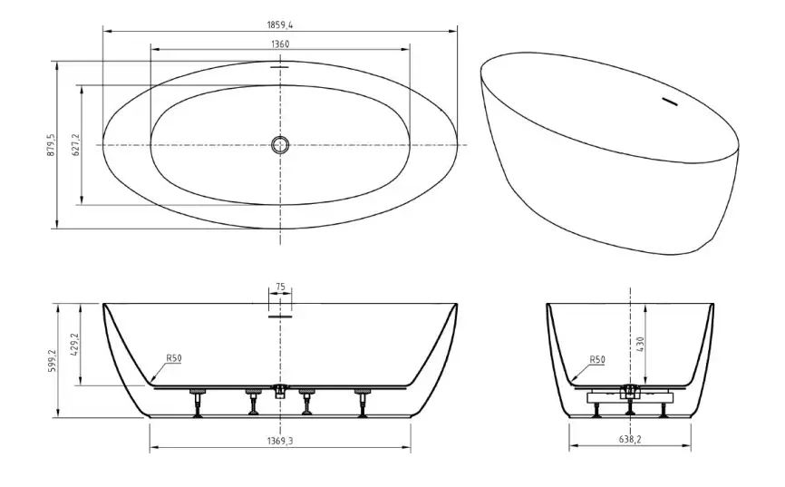 Акриловая ванна BelBagno 186х88 BB707-1860-880, отдельностоящая, Белая глянцевая фото 5