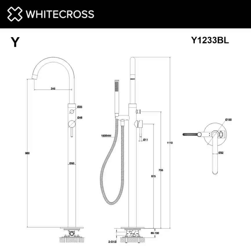 Смеситель для ванны Whitecross Y black напольный Черный матовый, Y1233BL фото 3