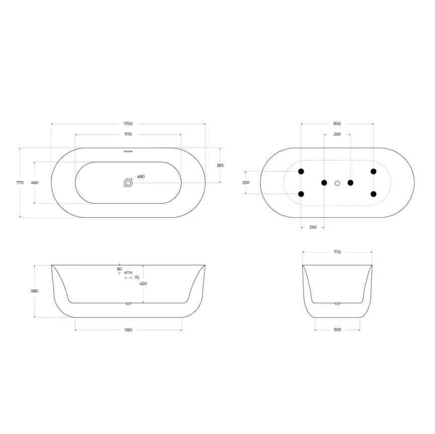 Акриловая ванна BELBAGNO 170х80 BB706-1700-770 овальная, отдельностоящая, Белая фото 9