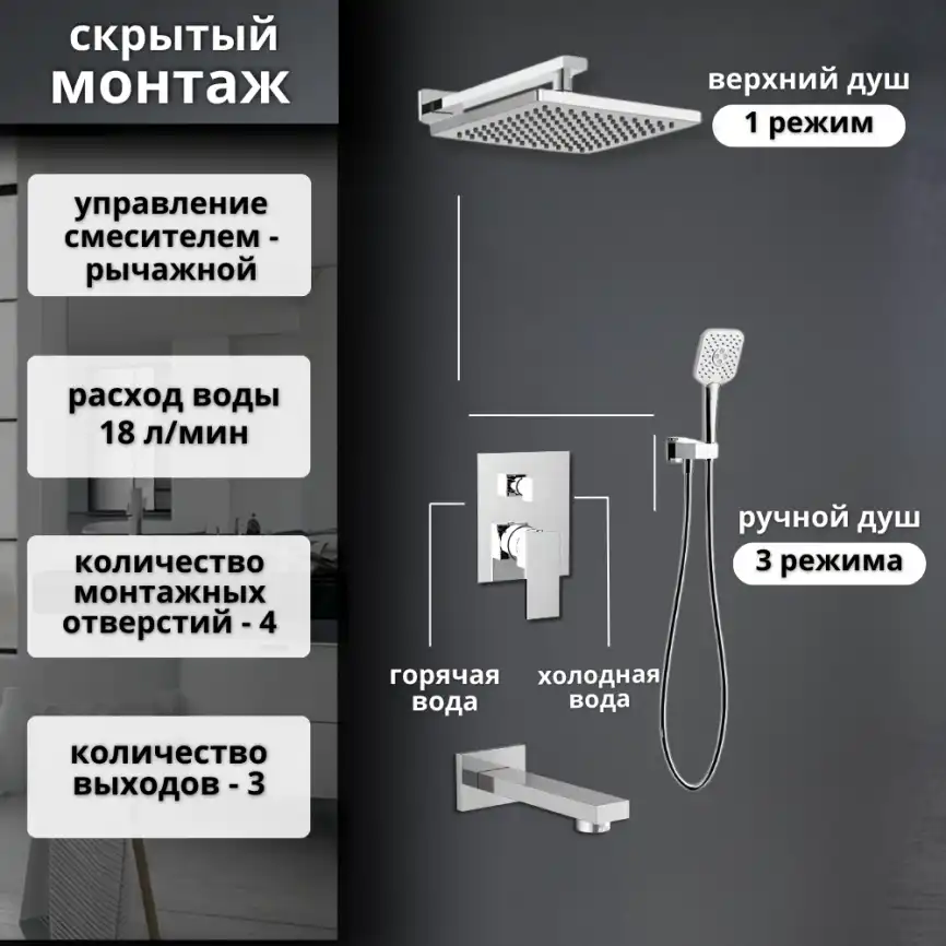 Встраиваемая душевая система AVS CUBE 811-241-CR с изливом, хром фото 14