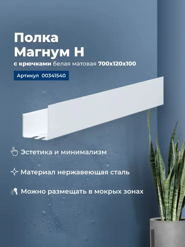 Полка Aquanet Магнум Н 70x12 белая матовая, с крючками, 341540 фото 1