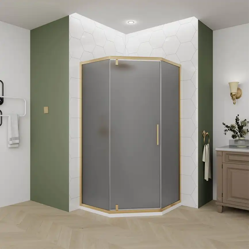 Душевой угол Veconi Ottimo P10 G, 900x900x1900, золото брашинг, стекло тонированное матовое фото 1