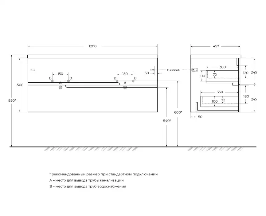 Тумба под раковину Cezares DUET-N 120 см, DUET-N-1200-2C-SO-2-BL подвесная, Bianco Lucido фото 2