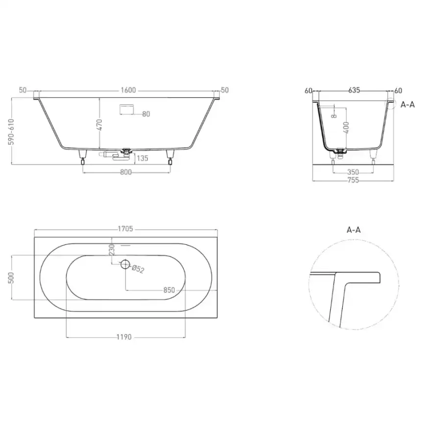 Ванна Salini ORNELLA AXIS KIT 170х75 103513G из материала S-Sense, Белая глянцевая фото 8