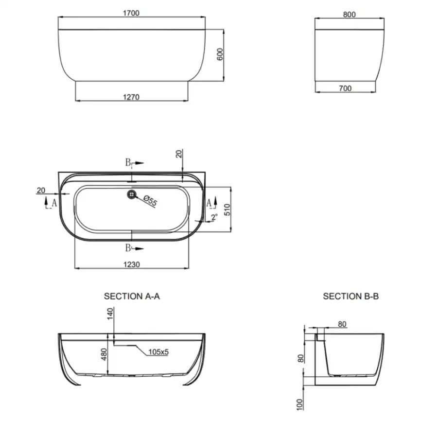 Акриловая ванна AVS Артемида 170х80 822-0012-WG, белая фото 9