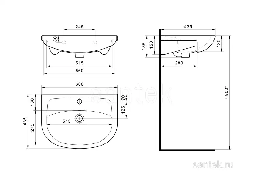 Раковина Santek Эллада 60 отверстие под смеситель 1WH110198 фото 4