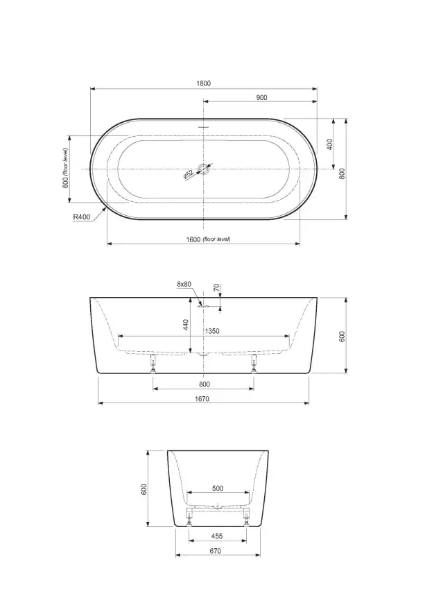 Акриловая ванна CEZARES METAURO-INT-Central-180-80-60-B-W-MATT, Черная матовая фото 4