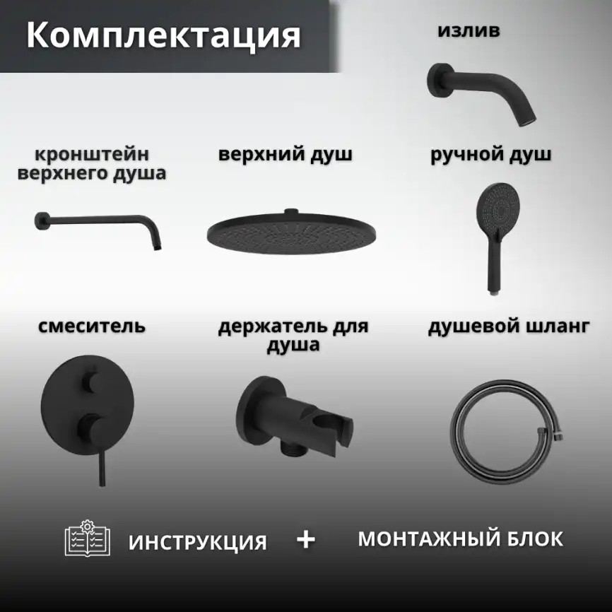 Встраиваемая душевая система AVS SLIMMER 811-141-MB с изливом, черный матовый фото 11