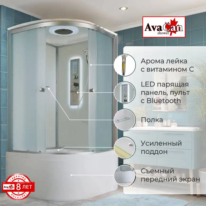 Душевая кабина AvaCan D5010LED 100x100 см, высокий поддон, с крышей фото 2