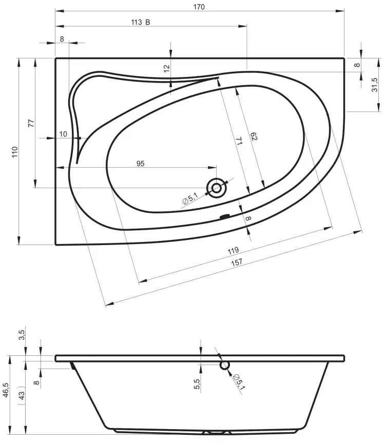 Акриловая ванна RIHO ARYL 170х110 R правосторонняя B017001005 фото 6