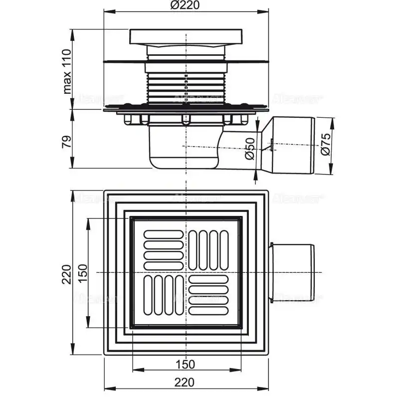Душевой трап AlcaPlast 150х150/50/75 мм боковой сток, решетка из нержавеющей стали APV3444 фото 2