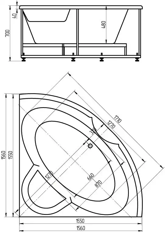 Акриловая ванна Aquatek Поларис-2 155x155 POL2-0000041 с фронтальным экраном (вклеенный каркас) фото 5