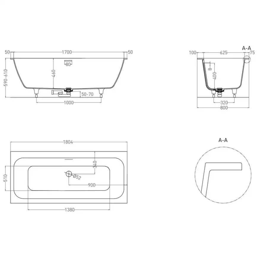Ванна Salini ORLANDA AXIS KIT 180х80 103322M из материала S-Stone, Белая матовая фото 8