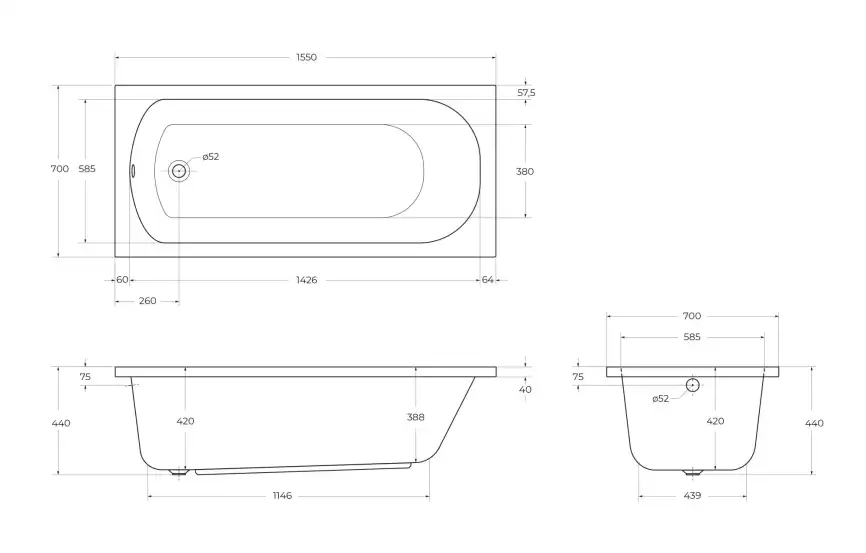 Акриловая ванна CEZARES ECO-155-70-41-W37 фото 11