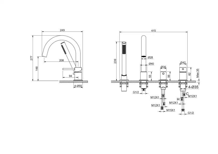 Смеситель на борт ванны Aquatek Европа AQ1348BGM, Оружейная сталь фото 3
