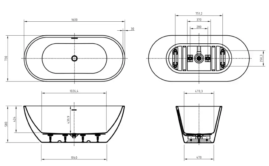 Акриловая ванна BELBAGNO UNO 160х73 BB701-1600-730-K, отдельностоящая, Белая глянцевая фото 8