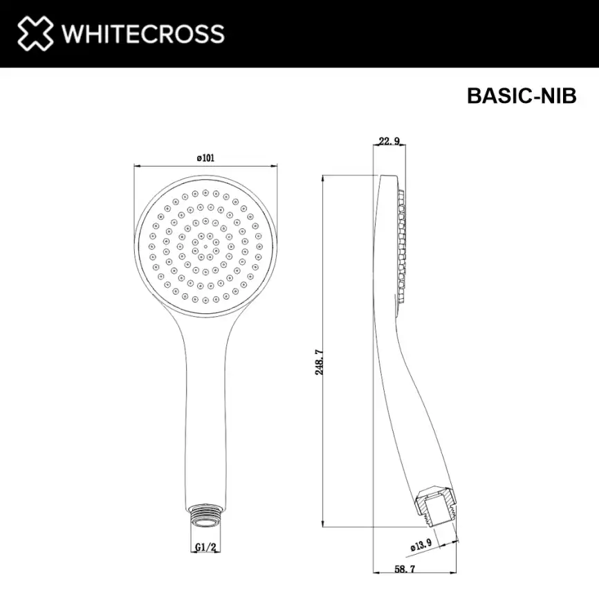 Душевая лейка WHITECROSS Y brushed nickel BASIC-NIB, 1 режим, Никель брашированный фото 2