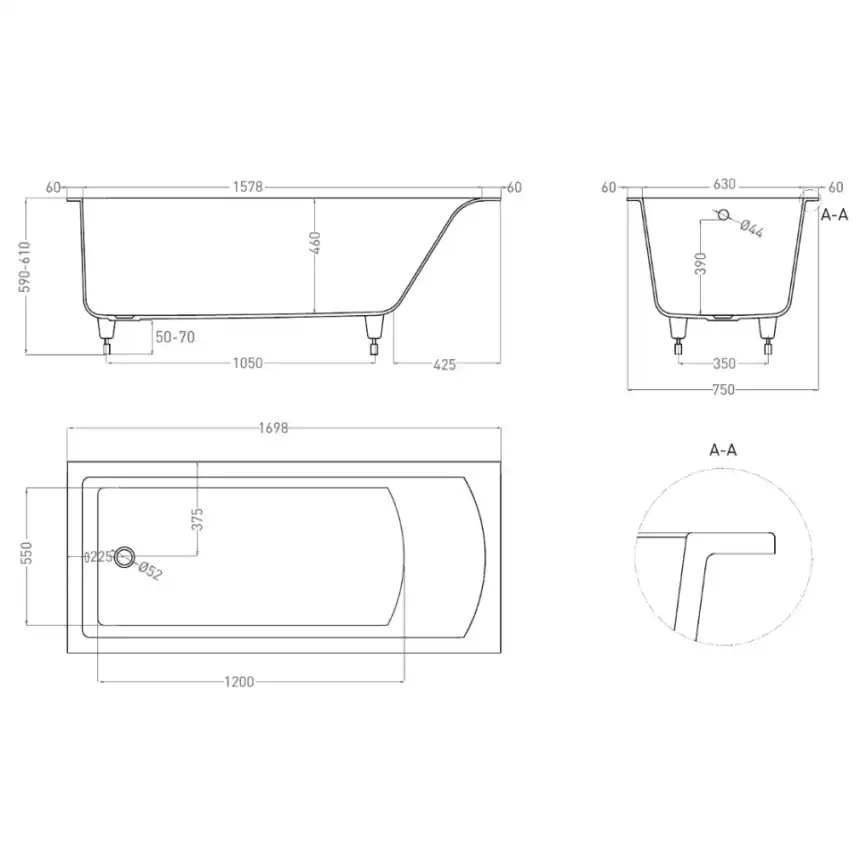 Ванна Salini CASCATA 170х75 104113G из материала S-Sense, Белая глянцевая фото 5