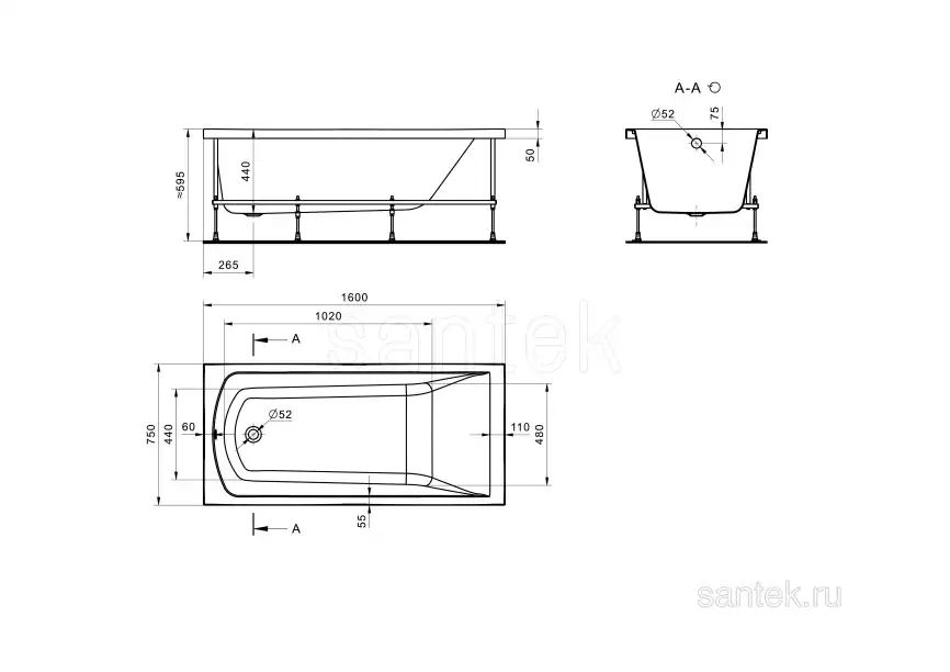 Акриловая ванна Santek Фиджи 160х75 1WH501597 прямоугольная, Белая фото 7