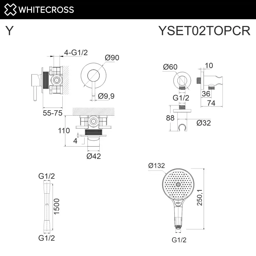 Душевая система для душа WHITECROSS Y chrome YSET02TOPCR, скрытого монтажа, Хром фото 3