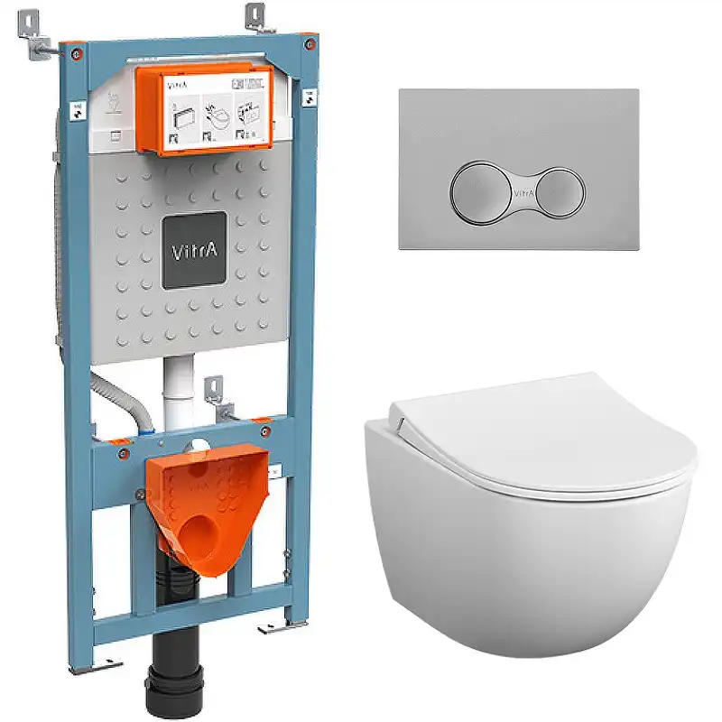 Комплект унитаза с инсталляцией Vitra Sento Rim-Ex 9830B003-7207 с сиденьем Микролифт и клавишей смыва Хром матовый фото 1