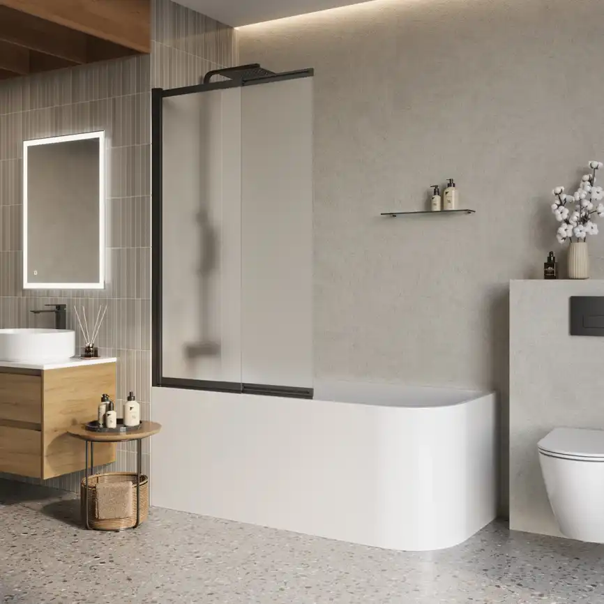 Душевая шторка на ванну BelBagno LUCE-VF-11-90/145-P-NERO стекло рифленное матовое, профиль Черный матовый фото 1