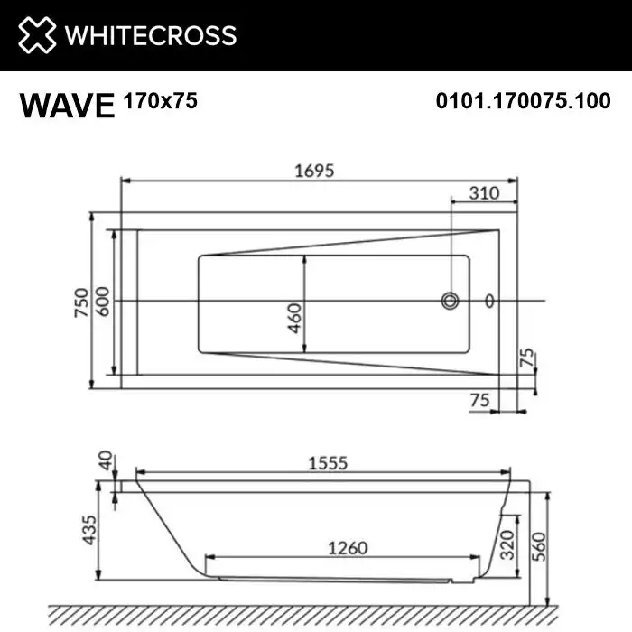 Акриловая ванна Whitecross WAVE 170х75 0101.170075.100 прямоугольная, Белая фото 4