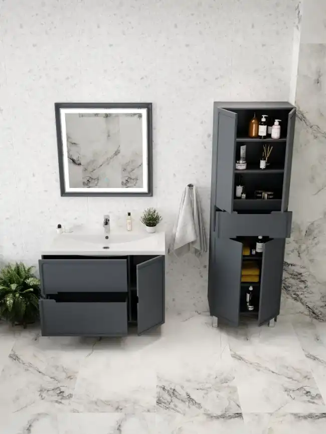 Шкаф-пенал для ванной FAURAplus Izabel 60, напольный, универсальный, Графит матовый фото 4
